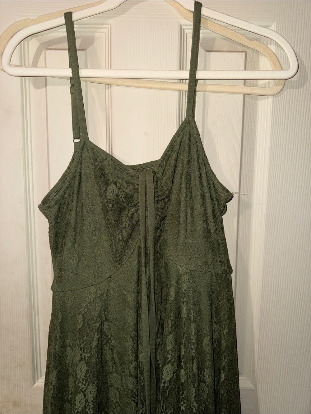 Olive Green Lace Asymmetrical Slip Dress with Spaghetti Straps - Picture 3 of 3